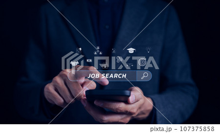 Job search concept. Businessman looking at online website by smartphone for find career. Unemployment, recruitment, job interview, Job search engine technology, occupation, employee, Job applicant, 107375858