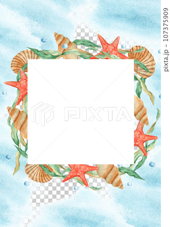 Sea card template with sea square frame, seaweeds, seashells, red starfish and water bubbles, blue watercolor splashes. Marine design. Hand drawn watercolor illustration. For save the date, greeting Sea card template with sea square frame, seaweeds, seashells, red starfish and water bubbles, blue watercolor splashes. Marine design. Hand drawn watercolor illustration. For save the date, greeting 107375909