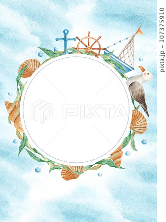Sea card template with circle sea frame, cute watercolor ship, boat, wooden steering wheel, seaweeds, seashells, nautical anchor, sea gull and water bubbles, blue watercolor splashes. Marine design 107375910