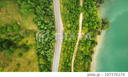 drone view of San Domenico mountain lake, Abruzzo, Italy 107376178