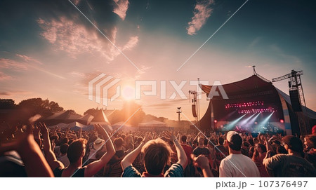 Back view of excited audience looking away while standing in front of illuminated stage in sundown light and loving live concert of music festival, with heart sign against orange sun blue sky 107376497