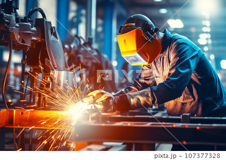 Industrial welder worker is welding in factory close-up Industrial welder worker is welding in factory close-up 107377328