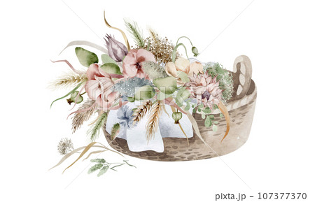 Watercolor illustration of dried autumn flowers lying in a wicker basket, in warm autumn colors on a white background. Watercolor illustration of dried autumn flowers lying in a wicker basket, in warm autumn colors on a white background. 107377370
