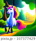 Happy Rainbow Unicorn in a Magical Forest 107377429