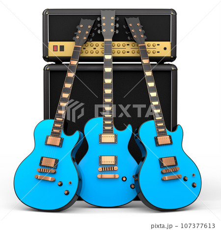 Set of electric acoustic guitar and amplifier on white background. Set of electric acoustic guitar and amplifier on white background. 107377613