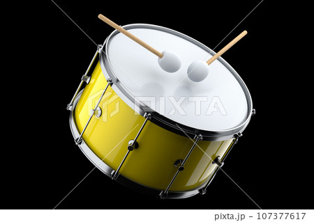 Realistic drum and wooden drum sticks on black. 3d render of musical instrument Realistic drum and wooden drum sticks on black. 3d render of musical instrument 107377617