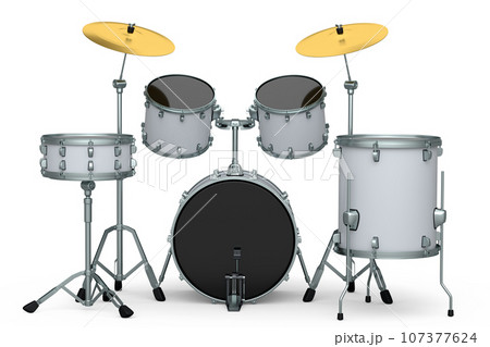 Set of realistic drums with metal cymbals or drumset on white background Set of realistic drums with metal cymbals or drumset on white background 107377624