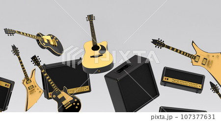 Many of flying acoustic guitars, drums, cymbal or drumset and amplifier on white 107377631