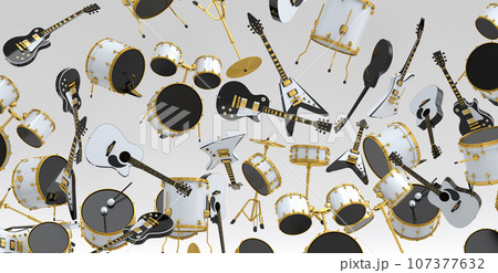 Many of flying acoustic guitars, drums with metal cymbals or drumset on white 107377632