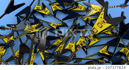 Heap of electric guitars isolated on blue background. Heap of electric guitars isolated on blue background. 107377634