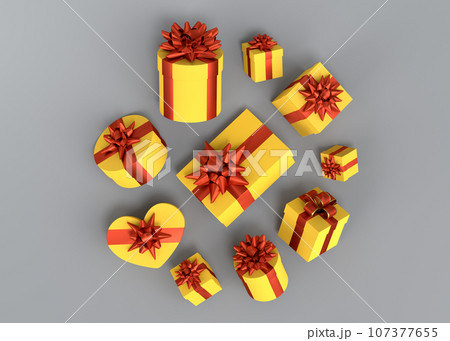 Gift boxes with ribbon and bow for Merry Christmas flying and falling on grey 107377655