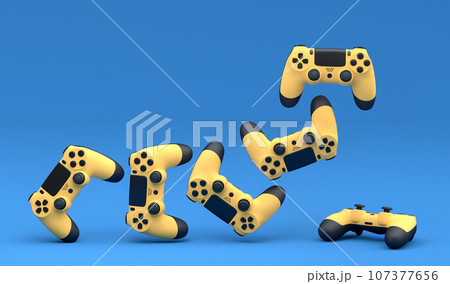 Set of flying gamer joysticks or gamepads on blue background 107377656