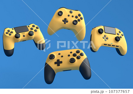 Set of flying gamer joysticks or gamepads on blue background 107377657