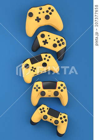Set of flying gamer joysticks or gamepads on blue background 107377658