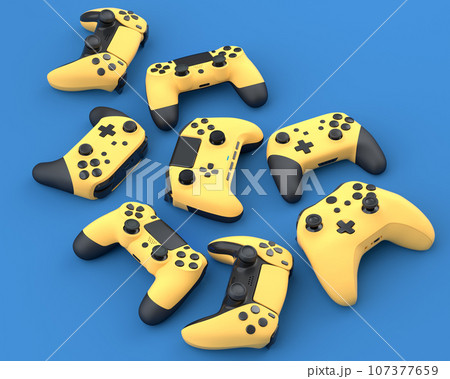 Set of lying gamer joysticks or gamepads on blue background 107377659
