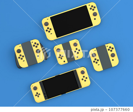 Set of lying gamer joysticks or gamepads on blue background 107377660