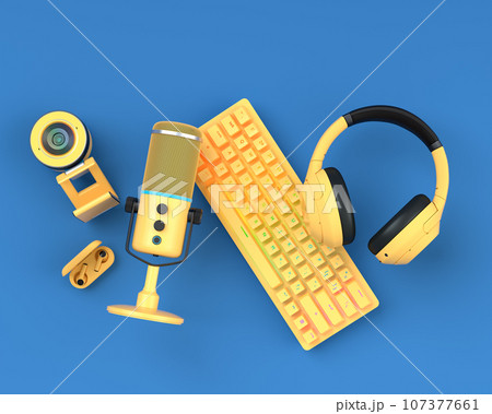 Top view gamer gears like joystick, keyboard, headphones and microphone 107377661