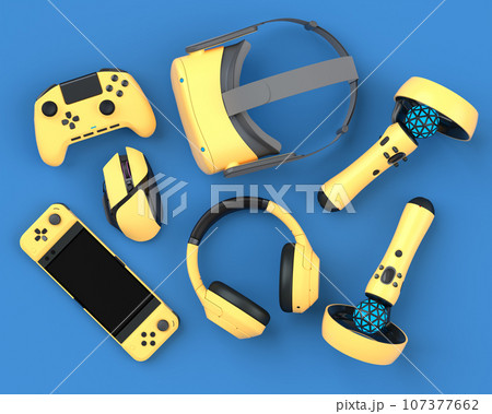 Top view gamer gears like joystick, mouse, headphones and VR glasses 107377662