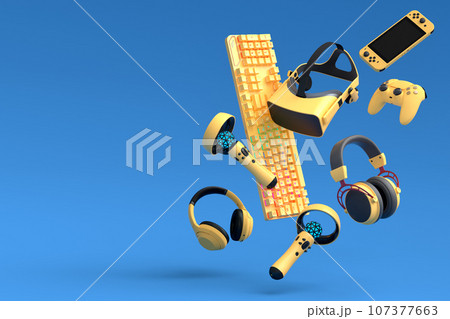 Top view gamer gears like joystick, keyboard, headphones and microphone 107377663