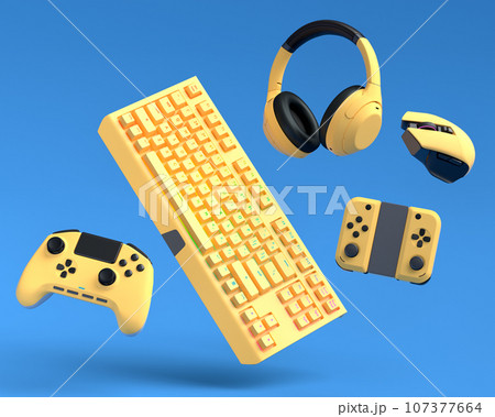 Top view gamer gears like joystick, keyboard, headphones and mouse 107377664