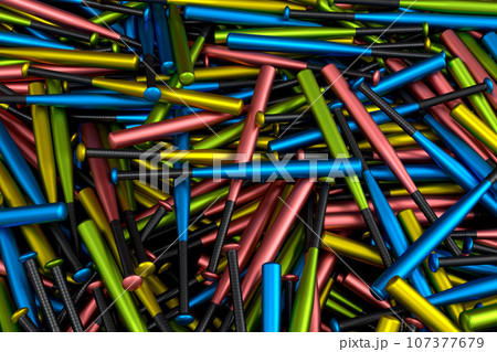 Flying of sport equipment like softball or baseball bat on black background 107377679