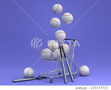 Set of ball like basketball, football and golf in shopping cart on violet Set of ball like basketball, football and golf in shopping cart on violet 107377721