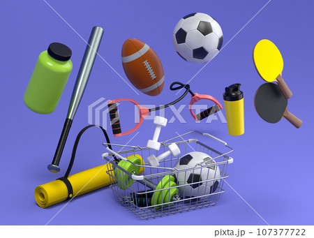 Sport equipment for fitness, gym, crossfit in shopping basket on violet Sport equipment for fitness, gym, crossfit in shopping basket on violet 107377722