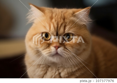 Portrait of a cute cat looking away. Highland fold cat breed. 107377976