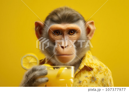 Cute monkey holding beverage glass on yellow background 107377977