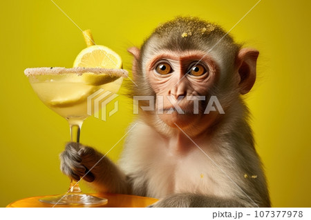 Cute monkey holding beverage glass on yellow background 107377978