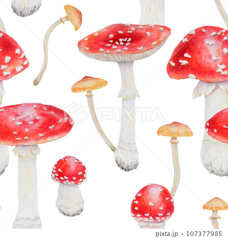 Watercolor seamless pattern of red fly agaric and galerina marginata. Poisonous mushrooms. Hand drawn botanical realistic forest illustration for packing gifts, paper, background, textile 107377985