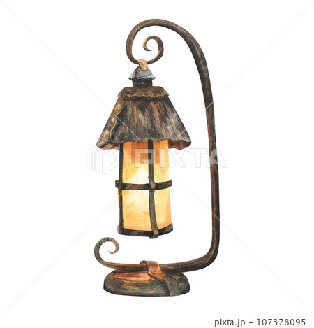 Vintage copper Watercolor Burning Betty Lamp isolated on white background hand drawn illustration. Woodland camping old lantern. Stickers, print, design. Vintage copper Watercolor Burning Betty Lamp isolated on white background hand drawn illustration. Woodland camping old lantern. Stickers, print, design. 107378095