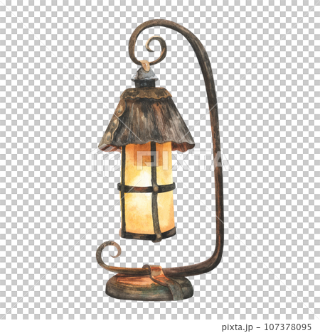 Vintage copper Watercolor Burning Betty Lamp isolated on white background hand drawn illustration. Woodland camping old lantern. Stickers, print, design. Vintage copper Watercolor Burning Betty Lamp isolated on white background hand drawn illustration. Woodland camping old lantern. Stickers, print, design. 107378095