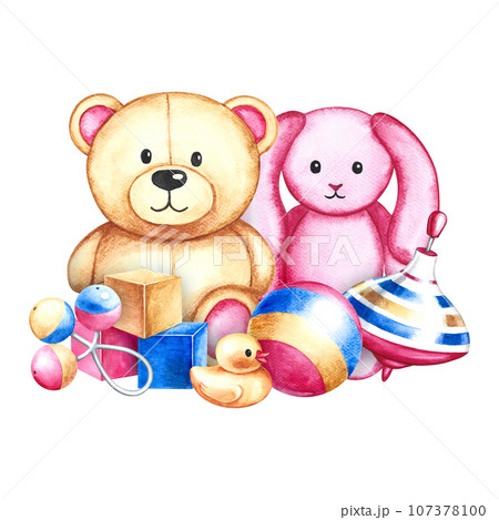 Children's toys: a ball, a spinning top, cubes and a teddy bear with a bunny. Handmade watercolor illustration. For the design of children's books, banners and flyers. For labels, packaging and prints Children's toys: a ball, a spinning top, cubes and a teddy bear with a bunny. Handmade watercolor illustration. For the design of children's books, banners and flyers. For labels, packaging and prints 107378100