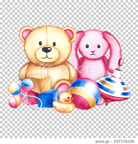 Children's toys: a ball, a spinning top, cubes and a teddy bear with a bunny. Handmade watercolor illustration. For the design of children's books, banners and flyers. For labels, packaging and prints 107378100