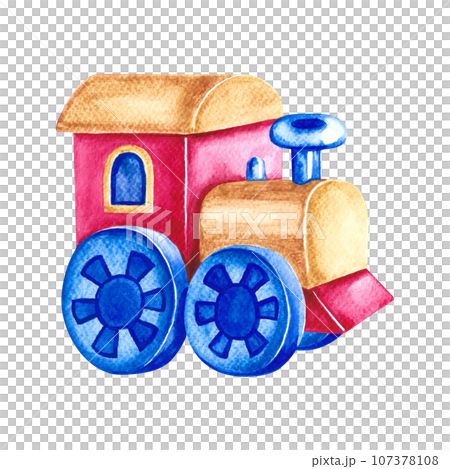 A toy train. Handmade watercolor illustration. Isolate. For the design of children's books, postcards and flyers. For labels, packaging and prints of children's goods. 107378108