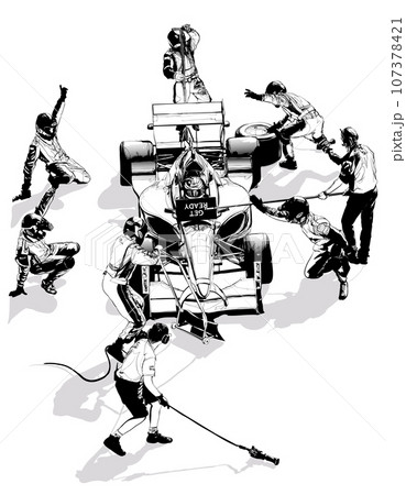 Drawing of a racing car pit stop Drawing of a racing car pit stop 107378421