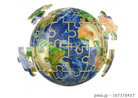 Earth Globe from puzzles without some pieces, 3D rendering Earth Globe from puzzles without some pieces, 3D rendering 107378437