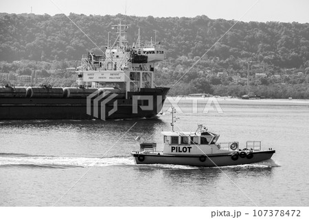 Pilot boat enters the port of Varna, Black Sea port 107378472