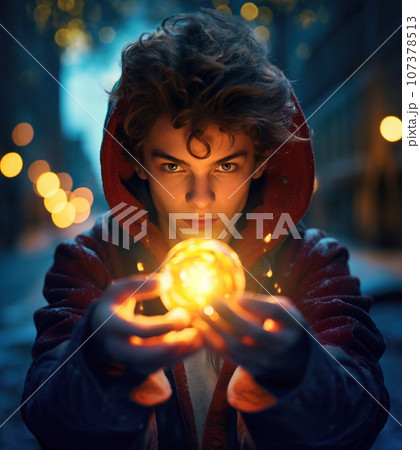 Young modern sorcerer with a piercing gaze holding a luminescent spell in his hands 107378513