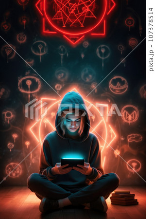 Digital sorcery concept, teenager seated on the floor looking at his digital tablet 107378514