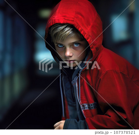 Young teenage boy in red hoodie with a stern, downward gaze portraying stubborn resistance 107378521