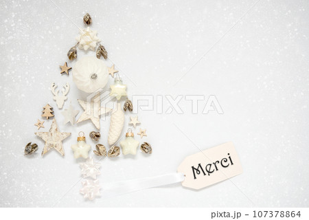 Christmas Tree Out Of Christmas Decoration With Label With Text Merci Christmas Tree Out Of Christmas Decoration With Label With Text Merci 107378864
