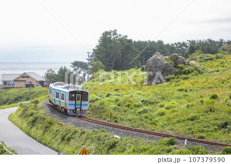 「青森県」種差海岸を走る電車　八戸線 107379590