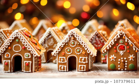 Many gingerbread houses on a festive table with bokeh lights in the background, Merry Christmas, Advent time, greeting Card. Banner with copy space 107379611