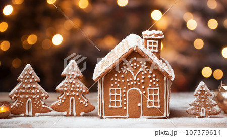 Gingerbread house on a festive table with bokeh lights in the background, Merry Christmas, Advent time, greeting Card. Banner with copy space 107379614