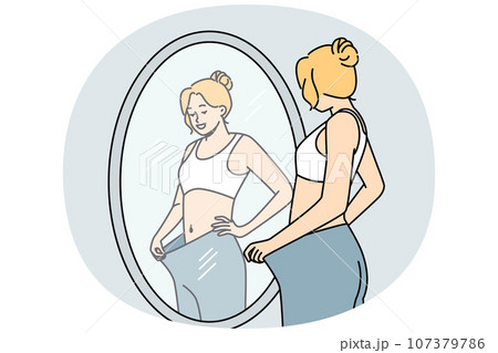 Happy woman look in mirror see diet results Happy woman look in mirror see diet results 107379786
