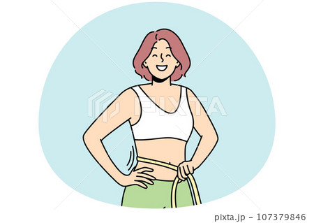 Smiling woman with tape on waist Smiling woman with tape on waist 107379846