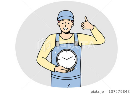 Smiling man in uniform holding clock 107379848