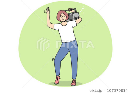 Overjoyed woman dance with stereo on shoulder Overjoyed woman dance with stereo on shoulder 107379854